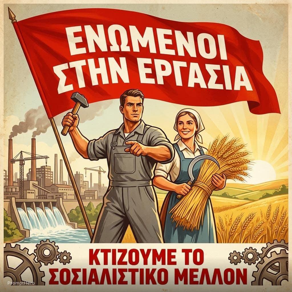 AI generated: A retro propaganda poster in the style of mid-20th century Socialist Realism. In the center, a stron...