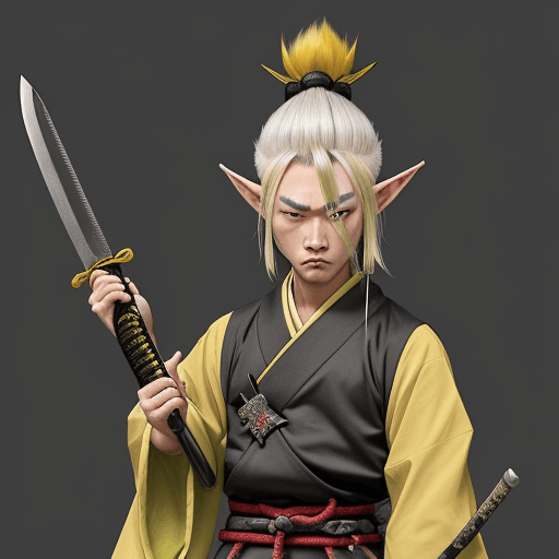 AI generated: samurai with elf ears gray skin yellow hair shaved on the sides old holding a green and black magic ...