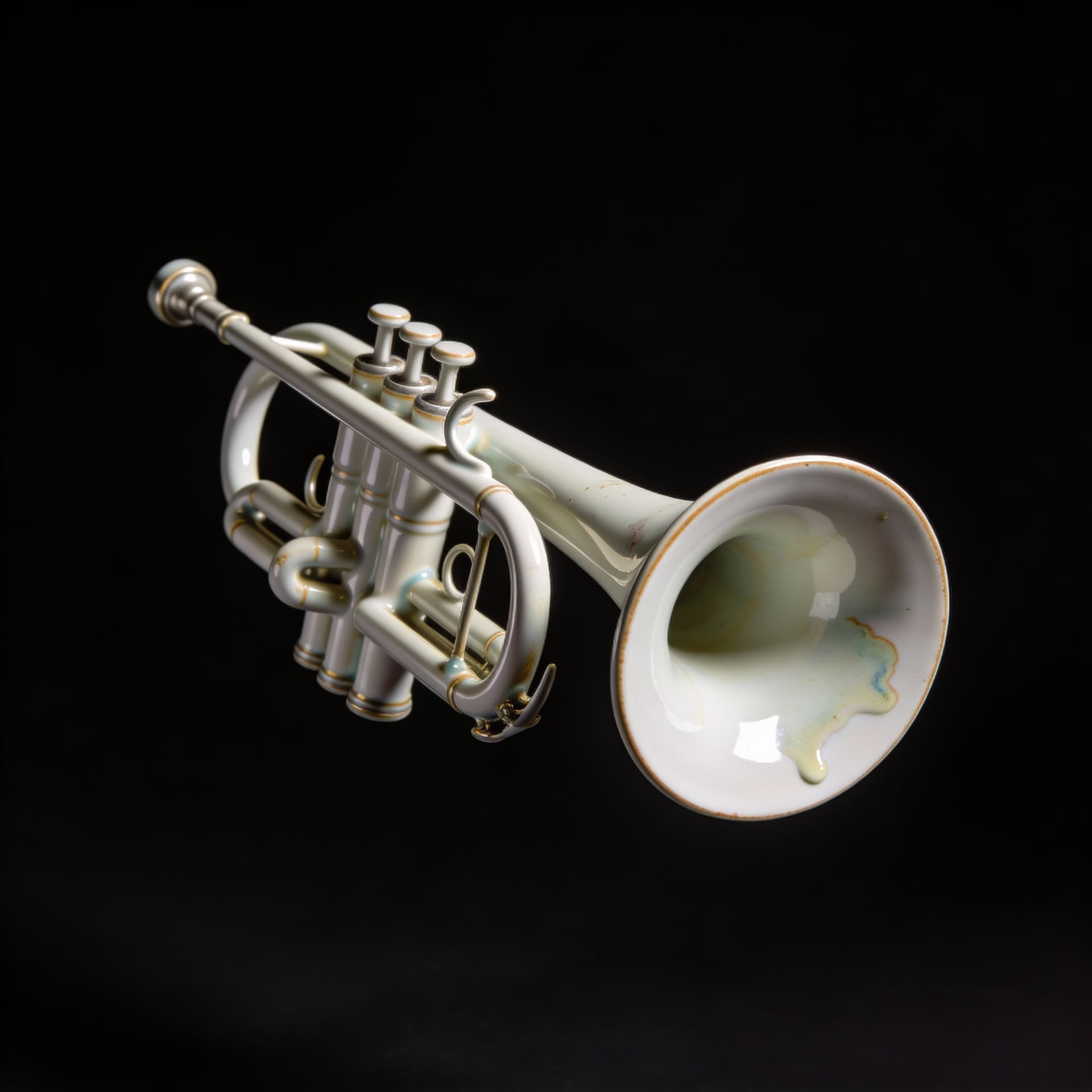 AI generated: A hyper-realistic editorial 3D render of a trumpet sculpted from fine porcelain china, photographed ...