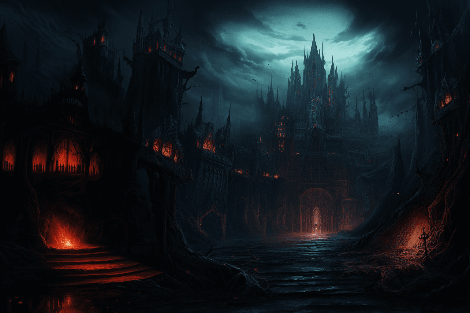 AI generated: fortress enchanted by darkness and night for ps4 background art art, in the style of dark gray and d...