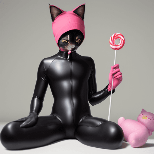 AI generated: A cute cat wearing full body suit and a lollipop on his hand