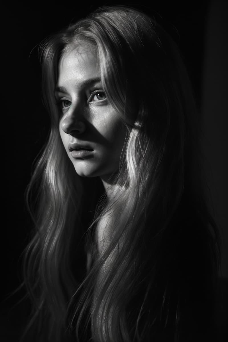 AI generated: Wide (volumetric:1.1) (chiaroscuro:1.2) lighting, portrait of a intense young (curvy:0.9) nordic gir...