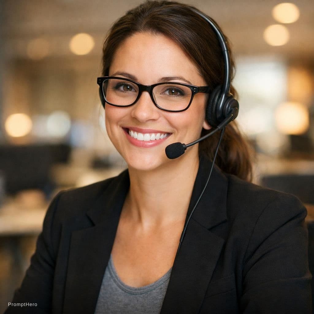 AI generated: A woman in a professional setting, smiling warmly at the camera, wearing a black blazer over a gray ...