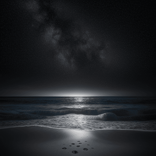AI generated: The starry sky shines on the beach, with dark gray sand and shallow water in front of it. The Milky ...