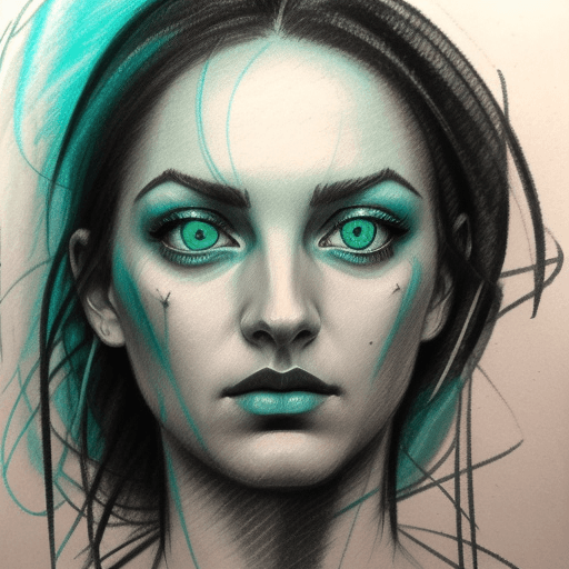 AI generated: An expressionist charcoal sketch, a stunningly beautiful woman with piercing blue-green eyes, bold, ...