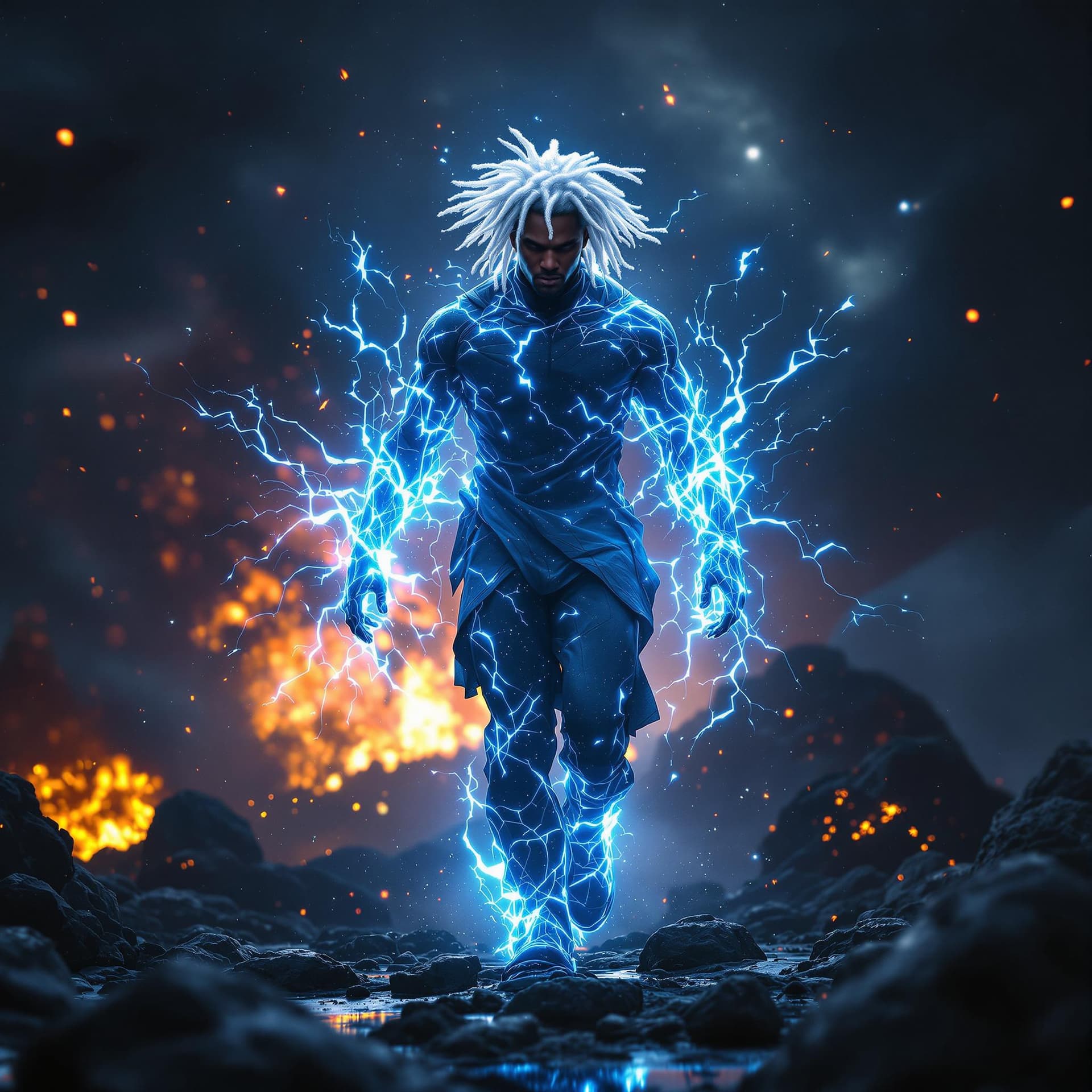 AI generated: front view of a PHOTOrealistic african american superHERO with white glowing short dreadlocks, his b...