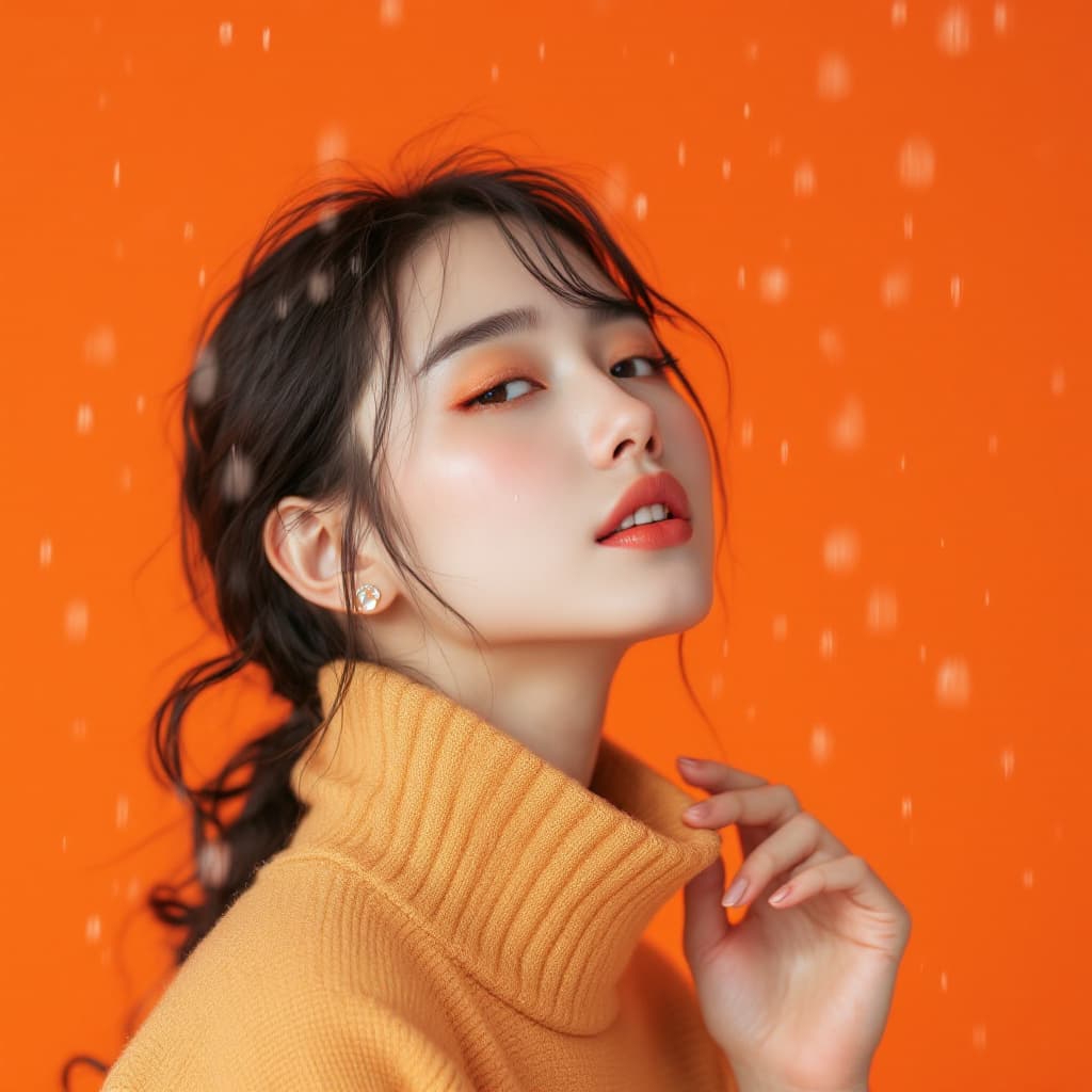 AI generated: photography, orange tone, Korean model, solid orange background, with small raindrops falling, using...