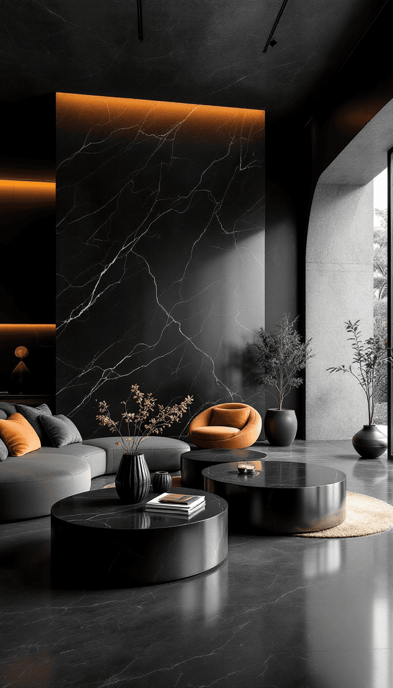 AI generated: a black living room with black marble walls and round tables, in the style of earthy naturalism, bol...