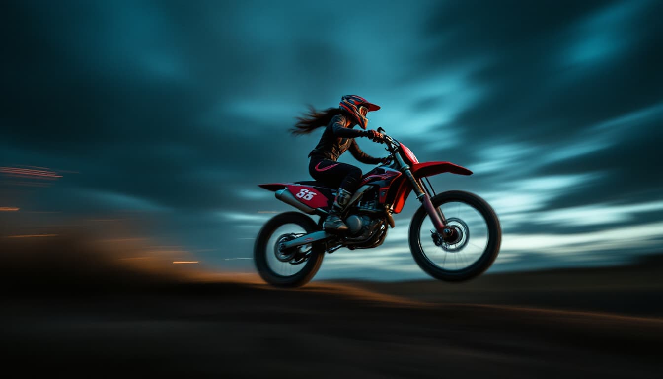 AI generated: ,long exposure photo of a woman on motocross in motion, blurred edges, slow shutter speed motion pan...