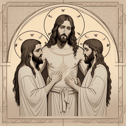 AI generated: Illustration, Jesus, John the Baptist, Jesus being baptized by John the Baptist, outline, corner lin...
