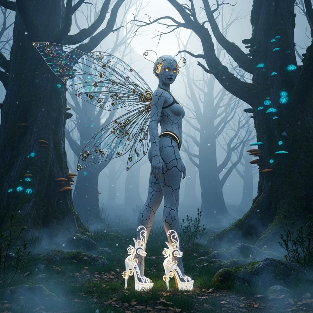 AI generated: Fairy cyborg with porcelain skin, wearing intricately designed white and gold high heels, adorned wi...