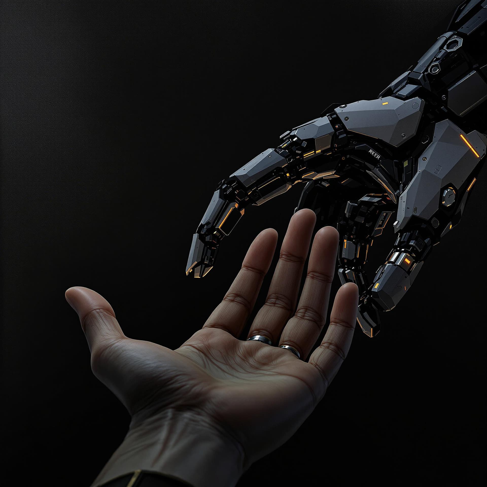 AI generated: A female hand reaching out to touch the finger of an advanced robot, detailed realistic painting in ...