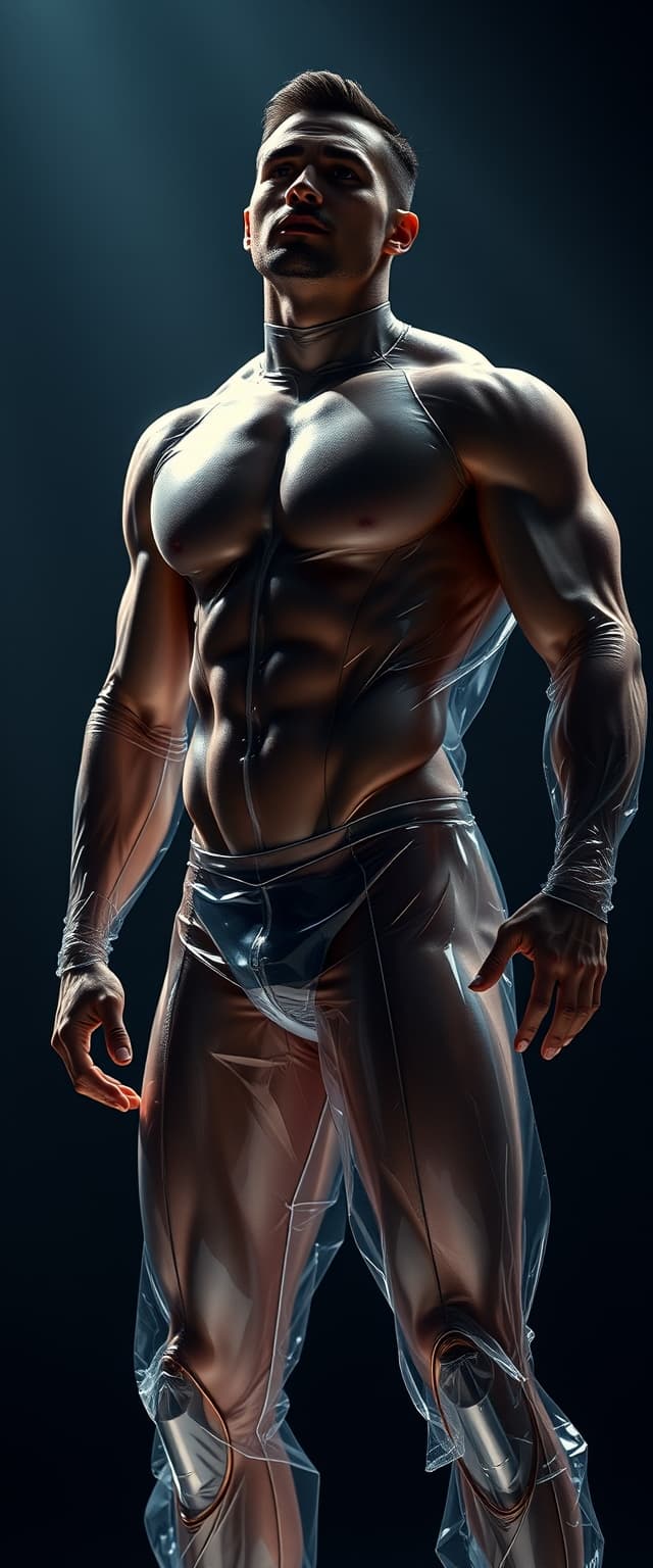 AI generated: Hyper-realistic muscular latino man in a skin-tight transparent and translucent plastic suit, wearin...