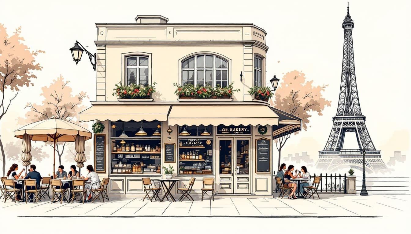 AI generated: Coffee shop as if it’s being in paris, you can draw the  bakery and add Eiffel Tower at the backgrou...