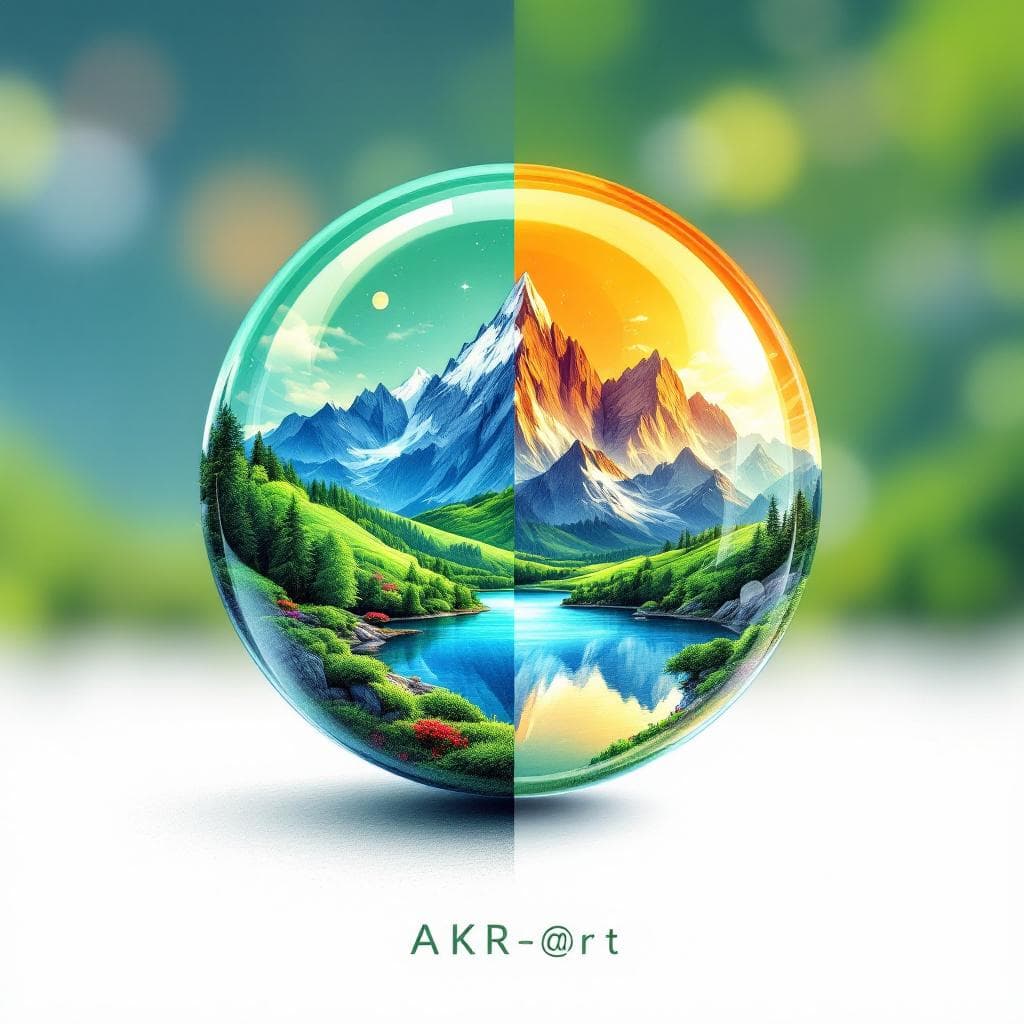 AI generated: Logo for an AI-art studio called "AKR AI-@rt", depicted inside a sphere with mountains, lush green a...