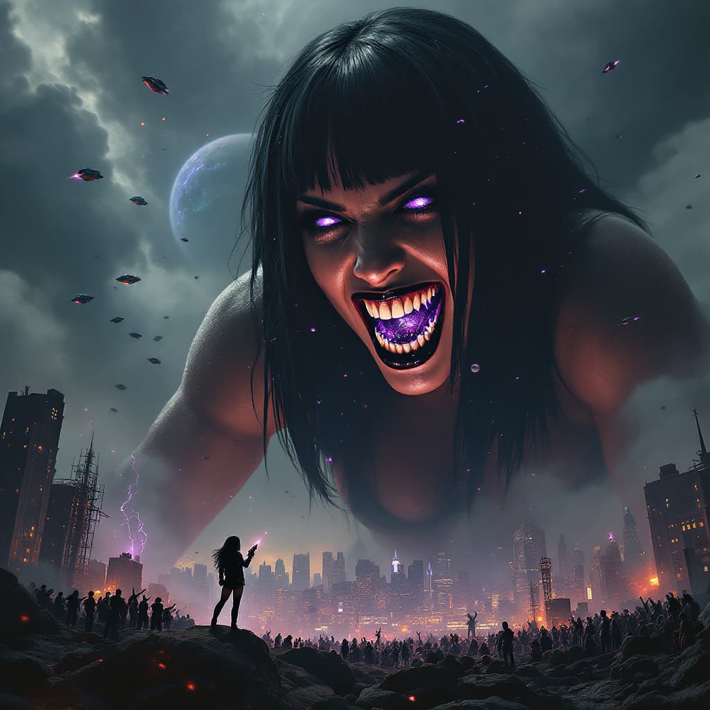AI generated: enormous giantess female who looks exactly like WWE superstar 
 Rhea Ripley with black medium length...