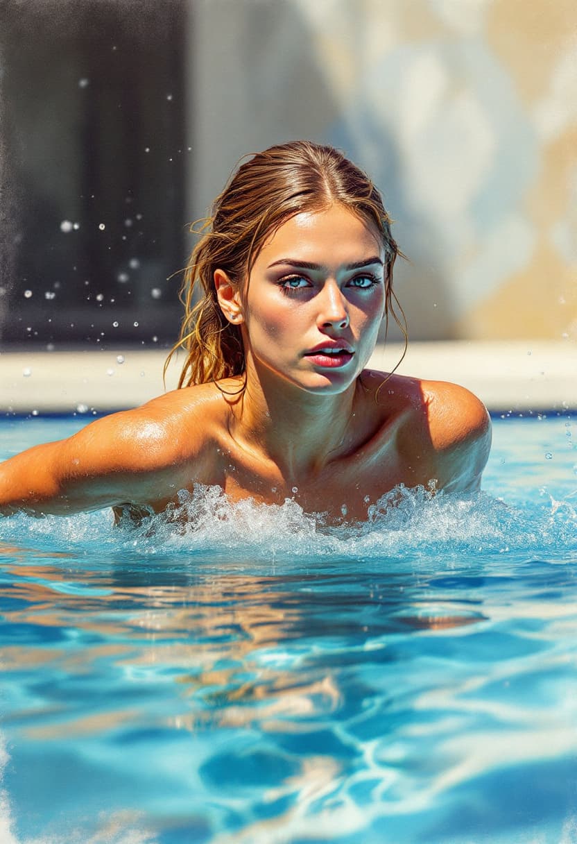 AI generated: Sketch Art, Beautiful Colored Pencil Line, Artistic Brush Strokes, Beautiful, Woman Swimming, Outdoo...
