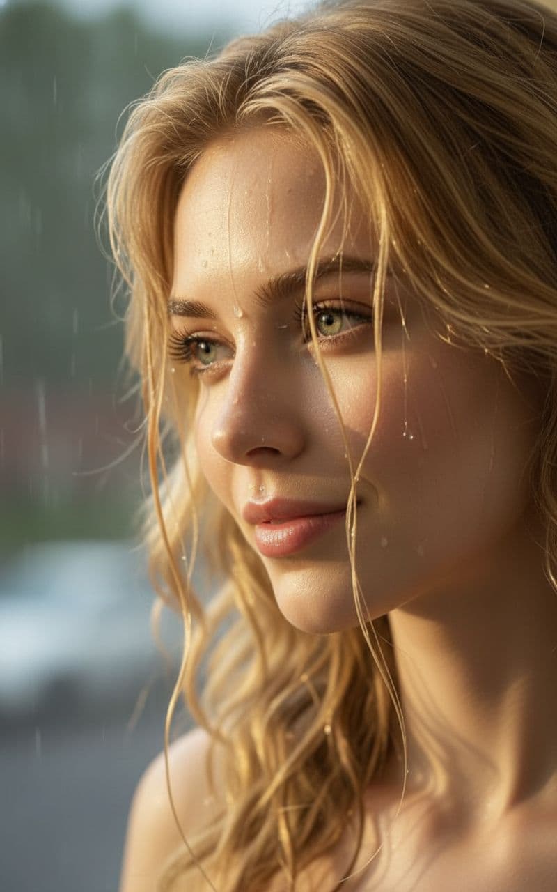 AI generated: Photo realistic macro shot of the uploaded woman's face with shallow depth. Camera from 3/4 angle, v...