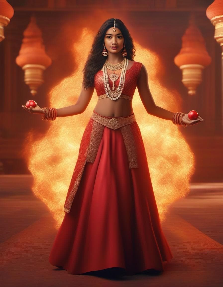 AI generated: mdjrny style v4 red ball gown, ingniting at the bottom, set on fire, perfectly redish, full body, la...