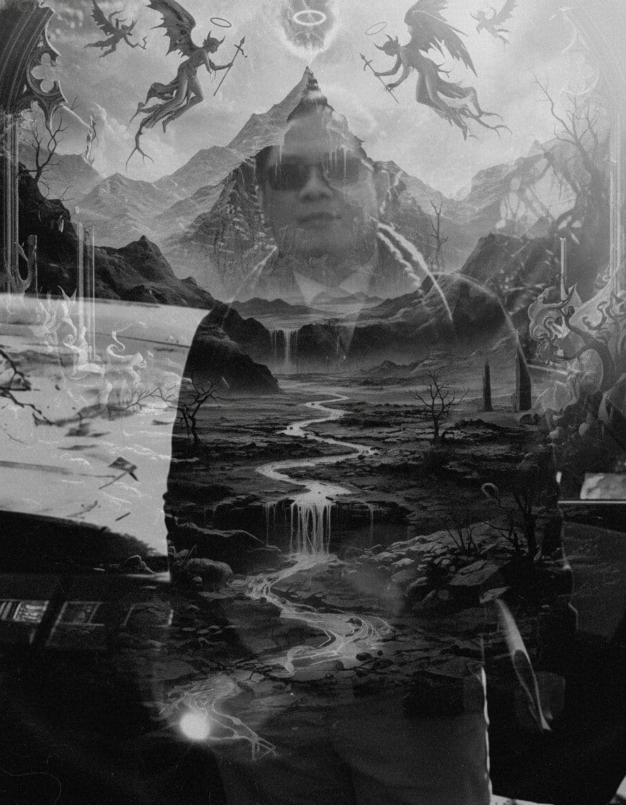 AI generated: Double exposure black and white photography of a man (image provided) face. He's face merges with a ...