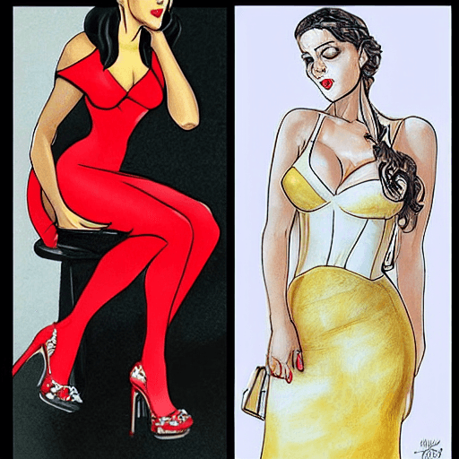 AI generated: Peta Jensen as Jasmine wearing a red dress and black heels embracing Clea Gaultier as Belle wearing ...