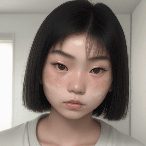 AI generated: A real photo of a young Asian woman, full of acne on her face, looking insecure, ultra real
