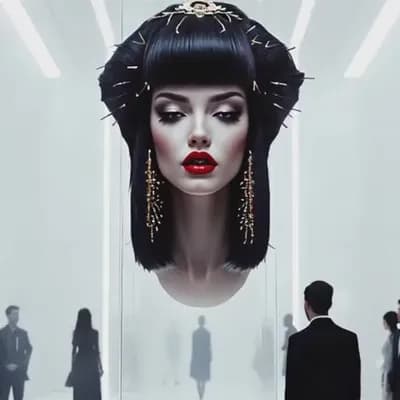 AI generated video: photo portrait of a woman wearing a skull and bone mask, in the style of rose gold and white, lookin...