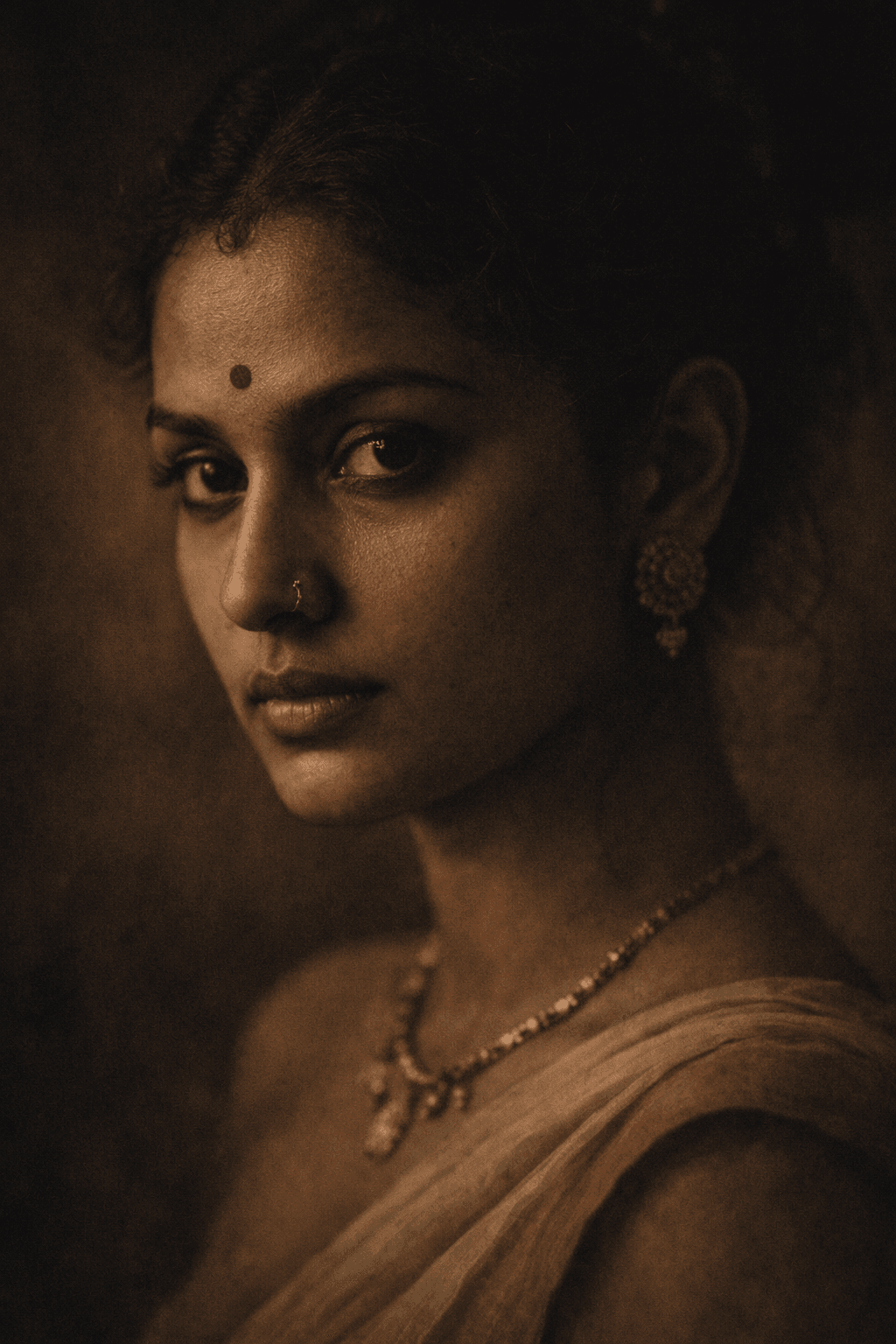 AI generated: cinematic still of an Indian woman in complete stillness, neutral expression with subtle emotional w...