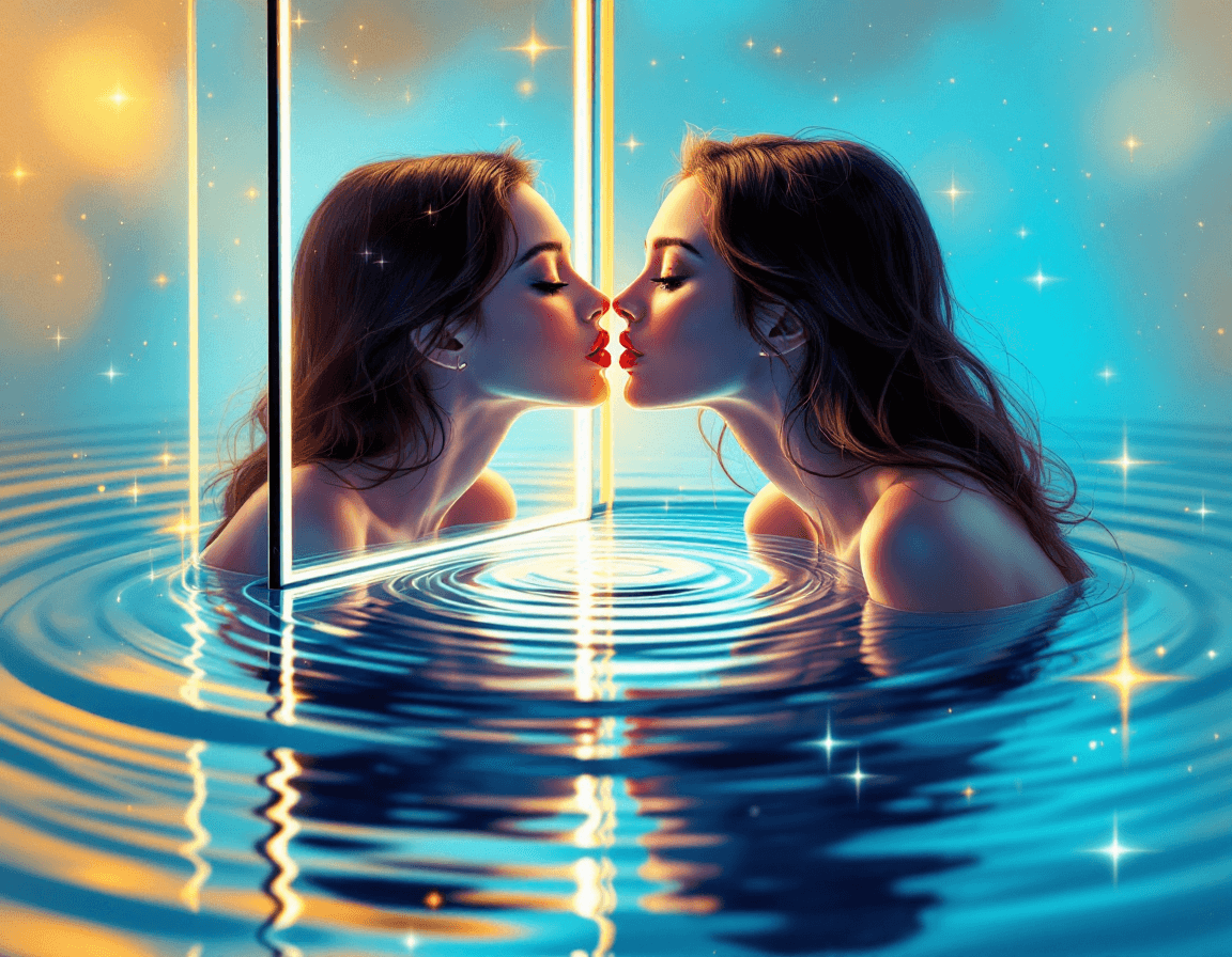 AI generated: A bold and vibrant modern illustration of a beautiful woman leaning towards her reflection in a slee...