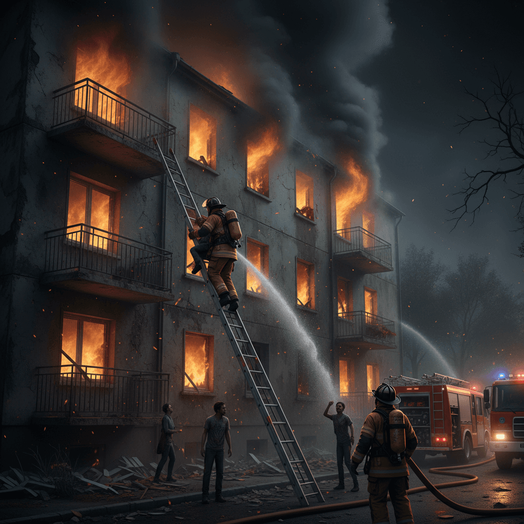 AI generated: a brave fireman helping people locked up in a burning out building 