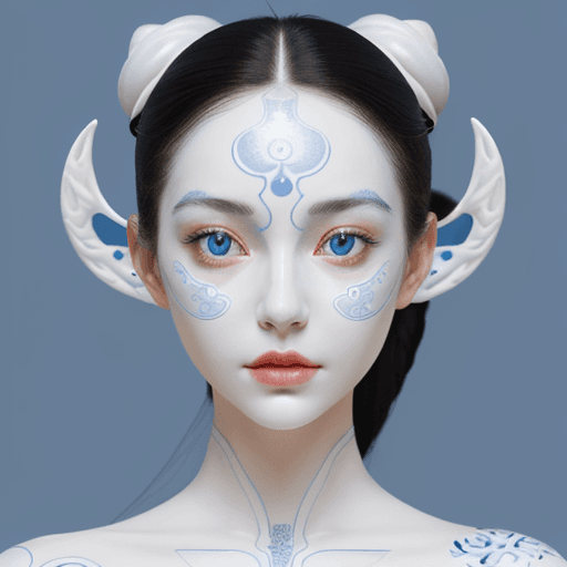 AI generated: a woman made out of porcelain, in the style of balanced symmetry, white and blue, detailed facial fe...