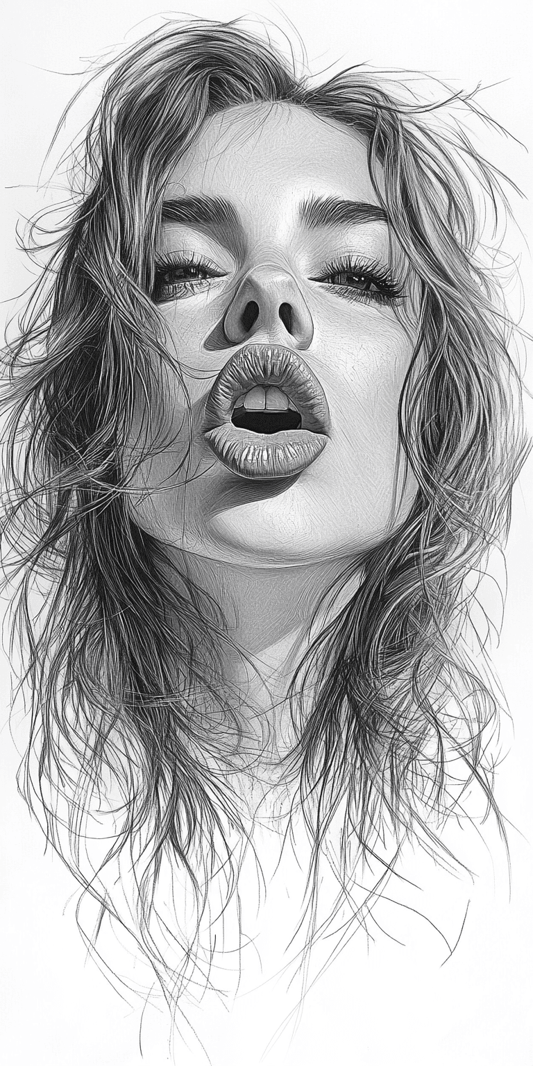 AI generated: tattoo design, woman with tongue sticking out and lips slightly open, long hair blowing in the wind,...