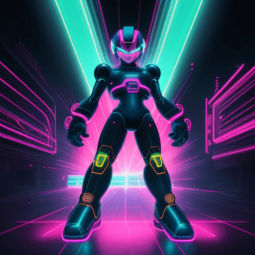 AI generated: "neon images of a neon illuminated sign with the text 'MEGA MAN' and a GIANT Life Like MEGA MAN symb...