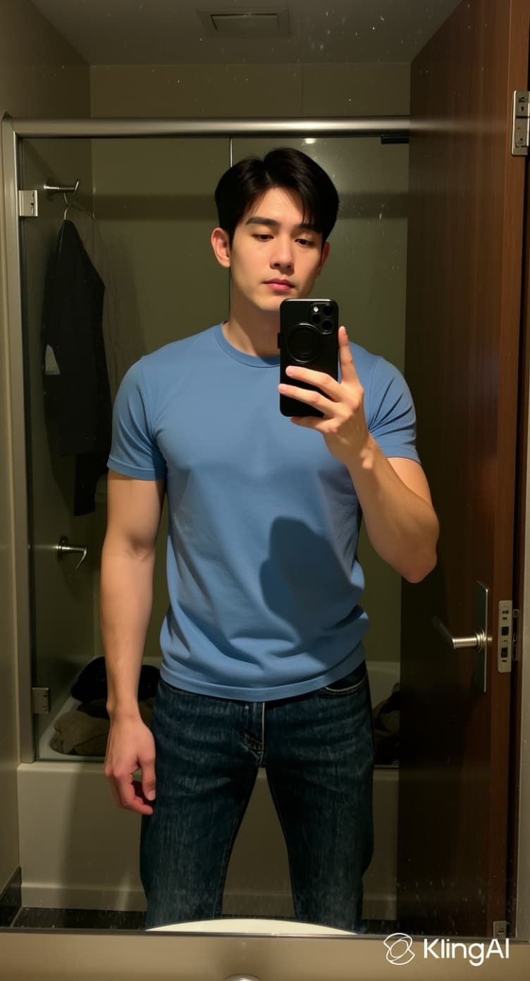 AI generated: A man stands in front of a mirror wearing jeans, capturing a selfie. The image quality is grainy, wi...