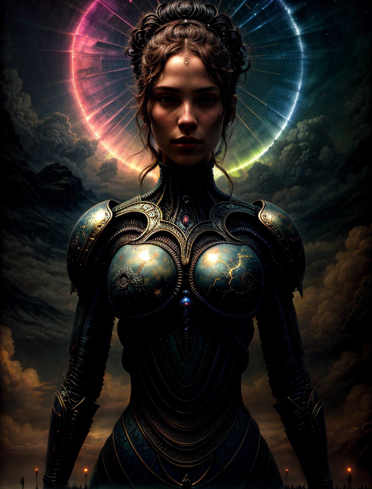 AI generated: a detailed painting portrait inspired by moebius and beksinski of a vibrant friendly alien with auro...