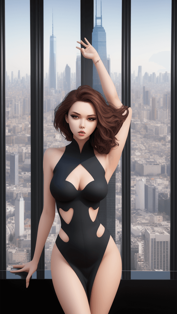 AI generated: adorned flawless cg 
cutouts
poses tasteful atop a towering skyscraper
her flawless
asymmetrical fig...