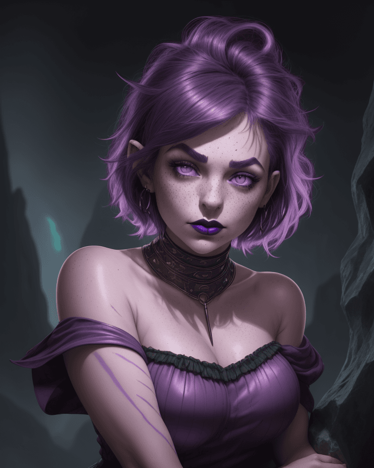 AI generated: D&D world, girl, she leaning against a monolith, lips puckered, eyes radiating light, looking over s...