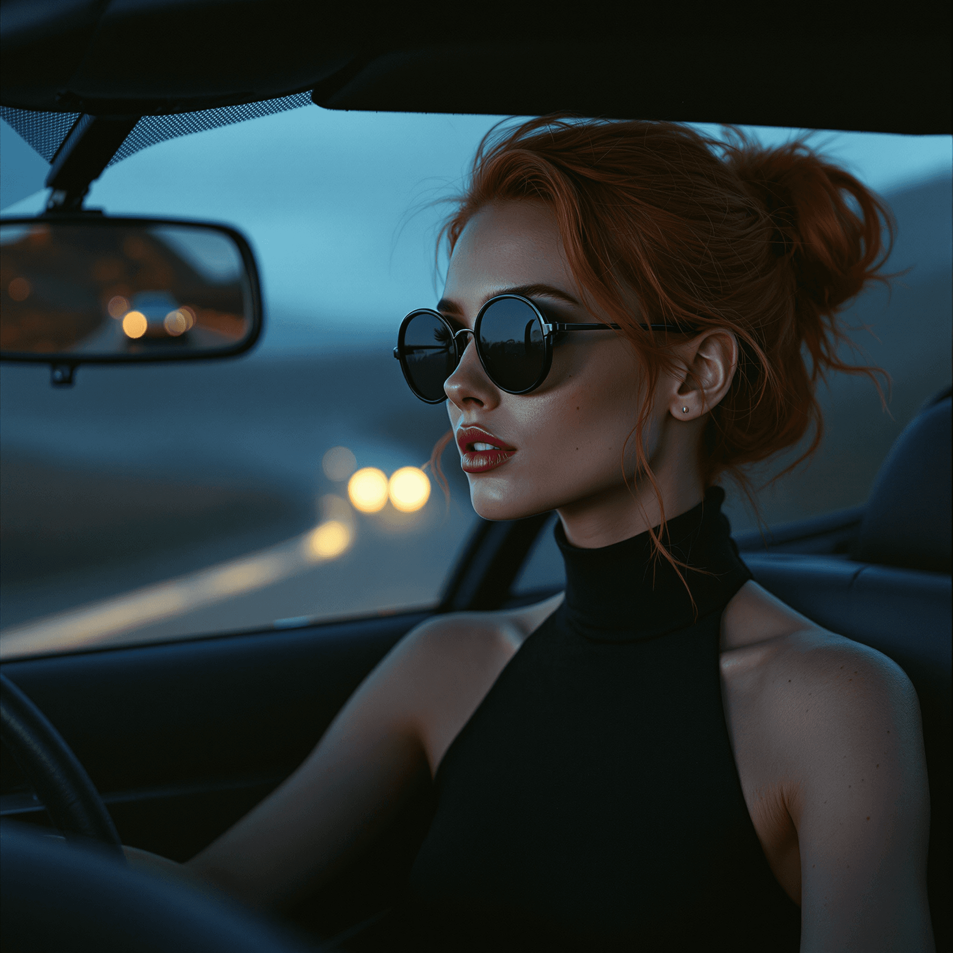 AI generated: High-resolution photograph of a slim, 36-year-old redheaded European woman driving a sleek cabriolet...