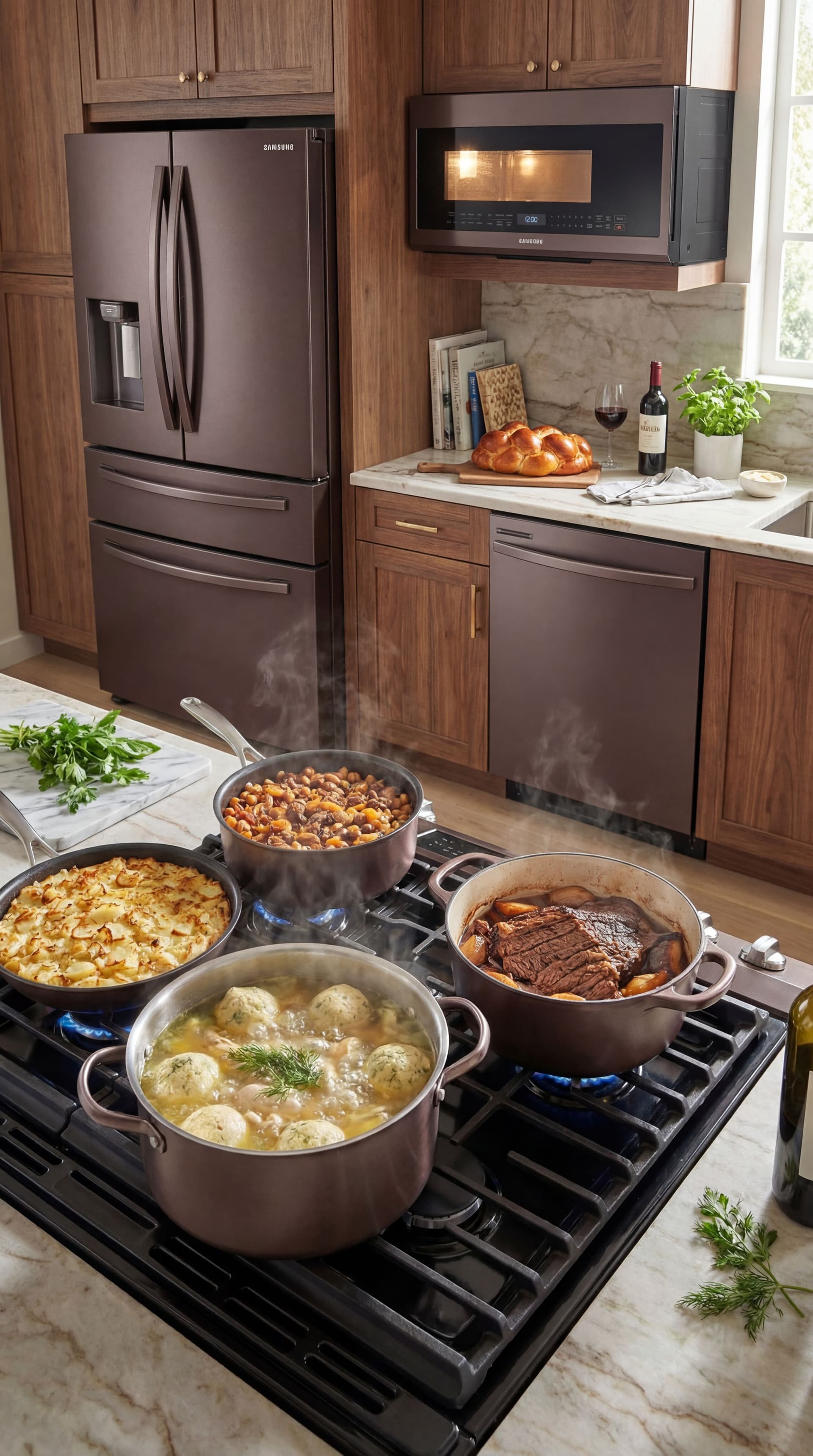 AI generated: Turn into lifestyle photo show stove to have cooking pots with food.  Food should be kosher.