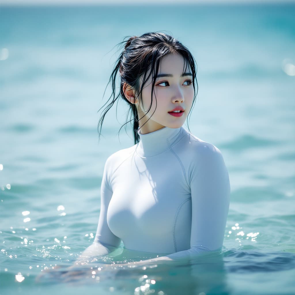 AI generated: High resolution image. A Korean woman in a white freediving suit. Her font view. Her gaze is to the ...