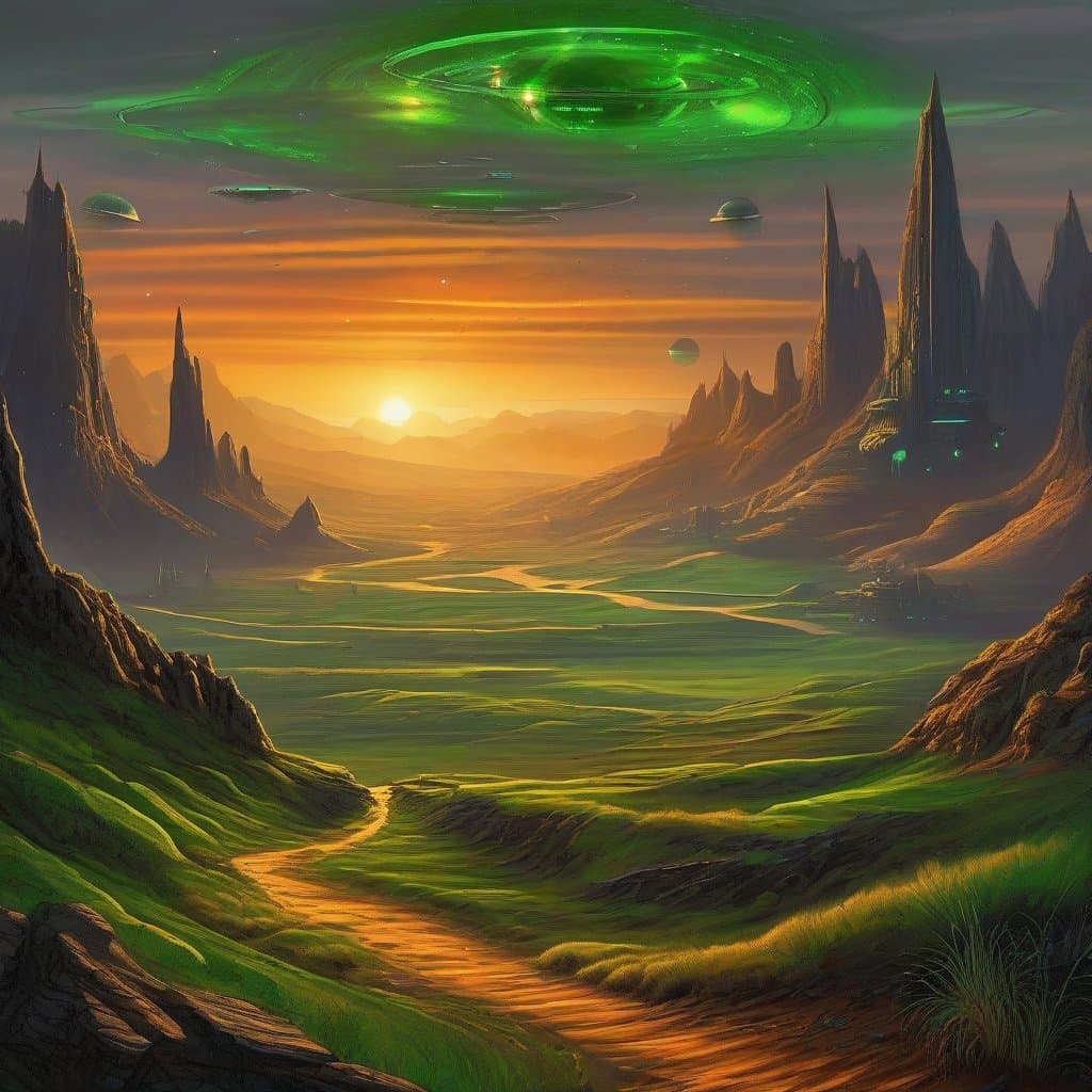 AI generated: landscape: "Alien shadows from dawn"The hills are in an amber glow,
Someone else's gray sand,And th...