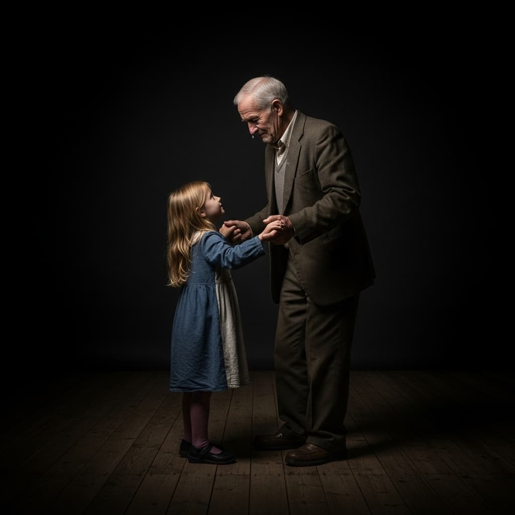 AI generated: pitch black background, on a wooden floor are two dancers, an elderly man in a tattered old suit, is...