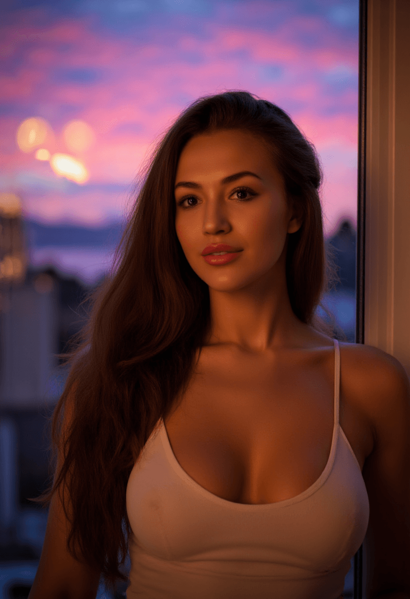 AI generated: A woman stands facing the camera at a slight angle, her long tousled brunette hair cascading down he...