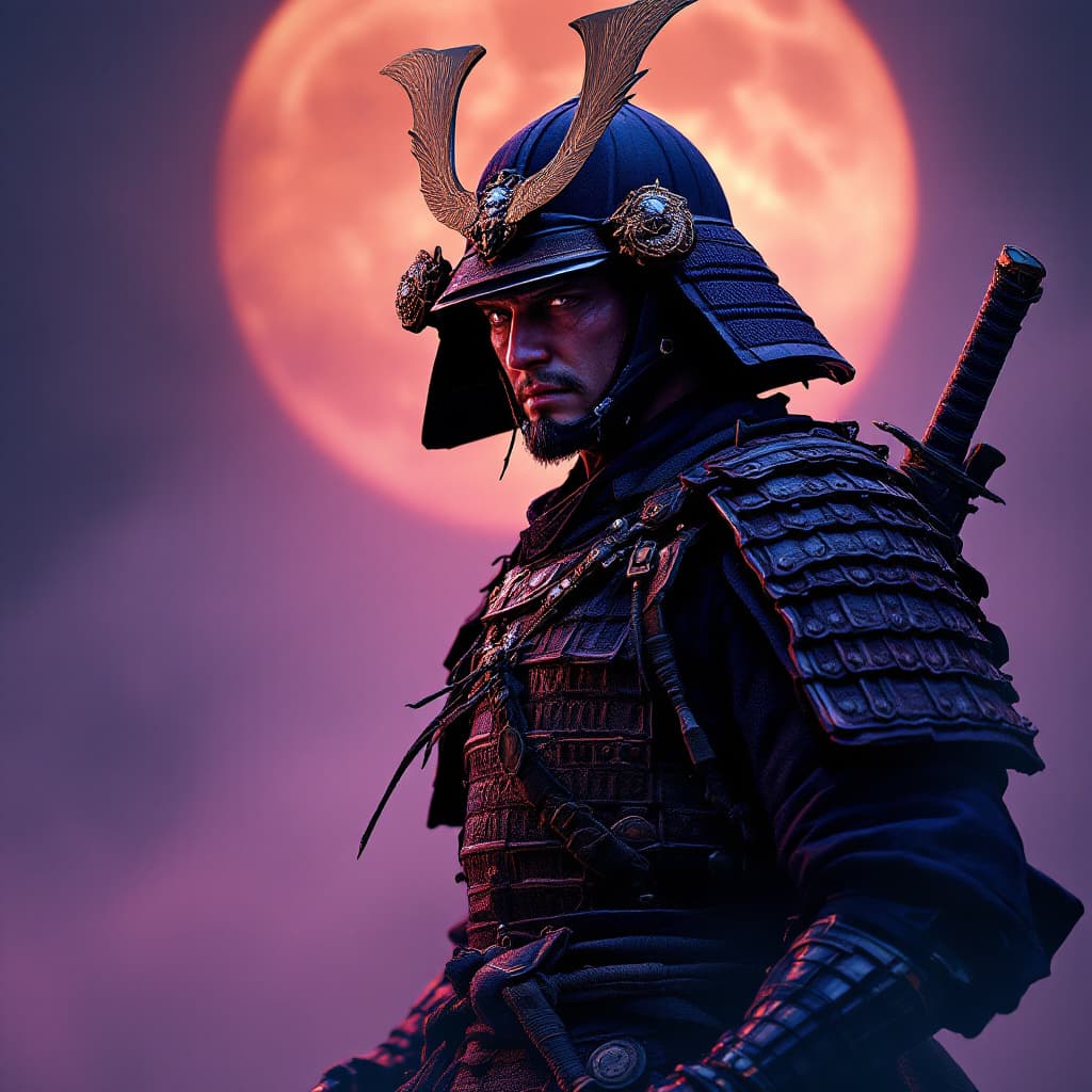 AI generated: realistic samurai warrior, traditional japanese armor and helmet, katana sheathed on waist, second k...