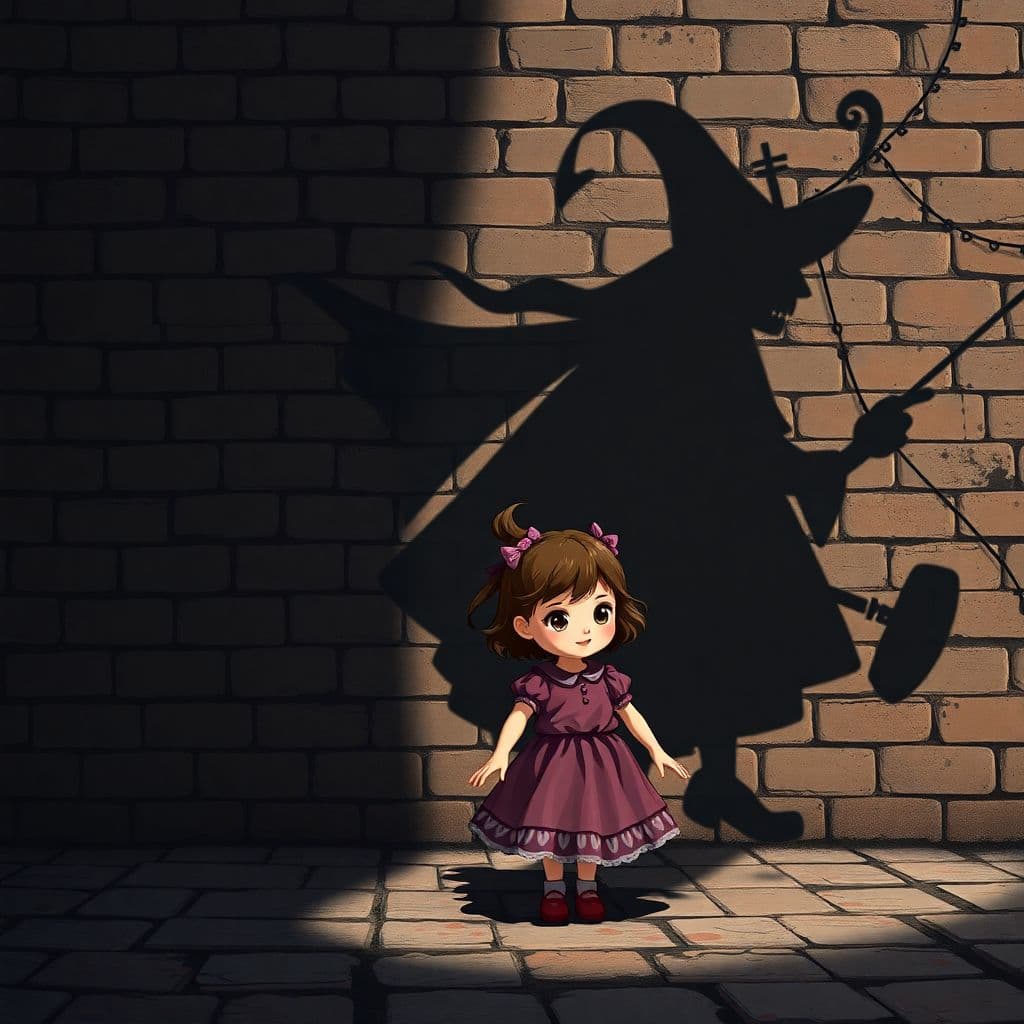 AI generated: a cute toddler girl and a shadow of an evil big witch on the ground and on the wall of bricks, focus...