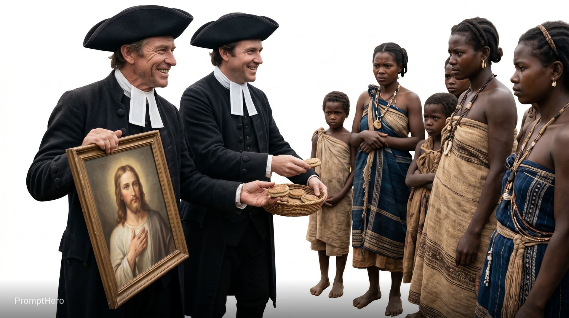 AI generated: make photo realistic photo. COLONIALIST PREACHERS CHRISTIANS SMILING WHILE HOLDING A PICTURE OF WHIT...