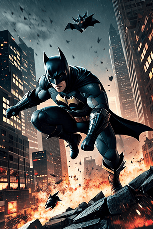 AI generated: a dynamic action scene featuring Batman in mid-fight, capturing the agility and acrobatics of the ch...