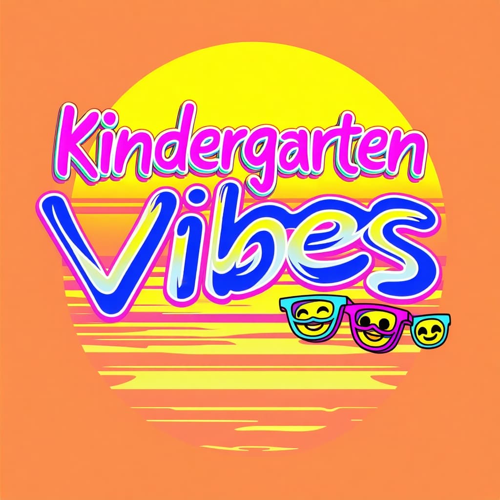 AI generated: "Kindergarten Vibes" – A trendy "groovy" design featuring swirling, interconnected letters in a suns...