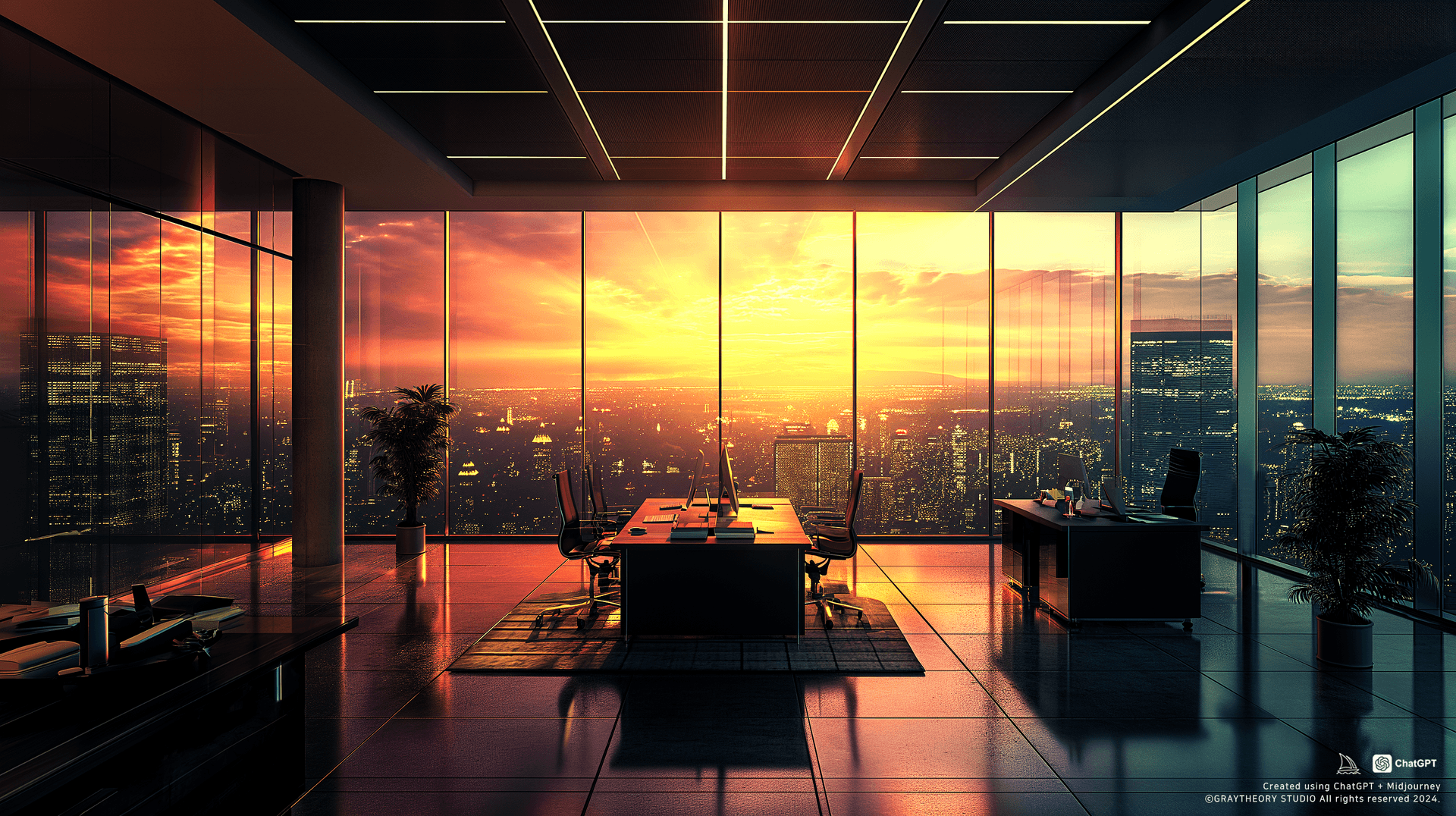AI generated: front shot, office, modernism, colorful tone, modernism furnishing, sleek lines, window outside dram...