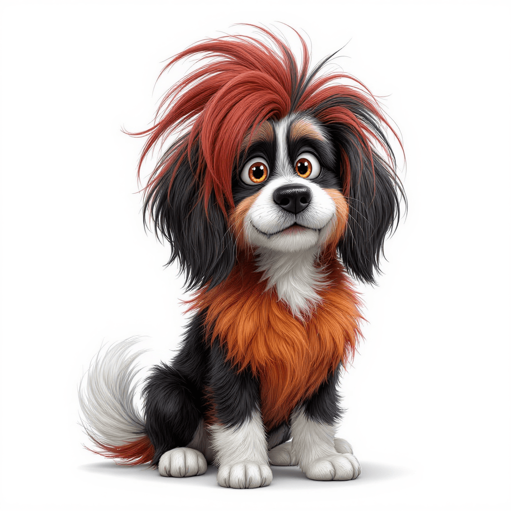 AI generated: cartoon style black-and-white dog with fiery-red shaggy fur, sitting, medium shot, highly expressive...